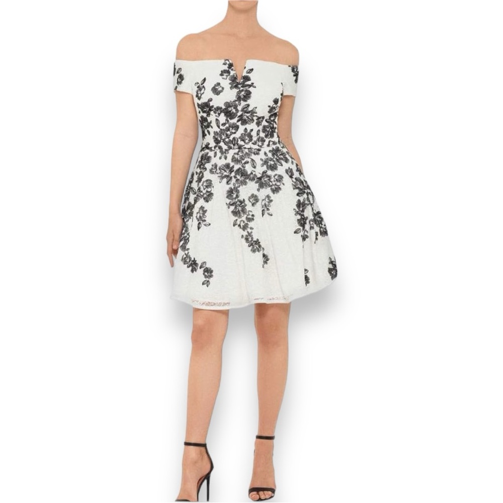 XSCAPE OFF SHOULDER WHITE PARTY DRESS WITH BLACK EMBROIDERED FLOWERS WOMEN SZ 8